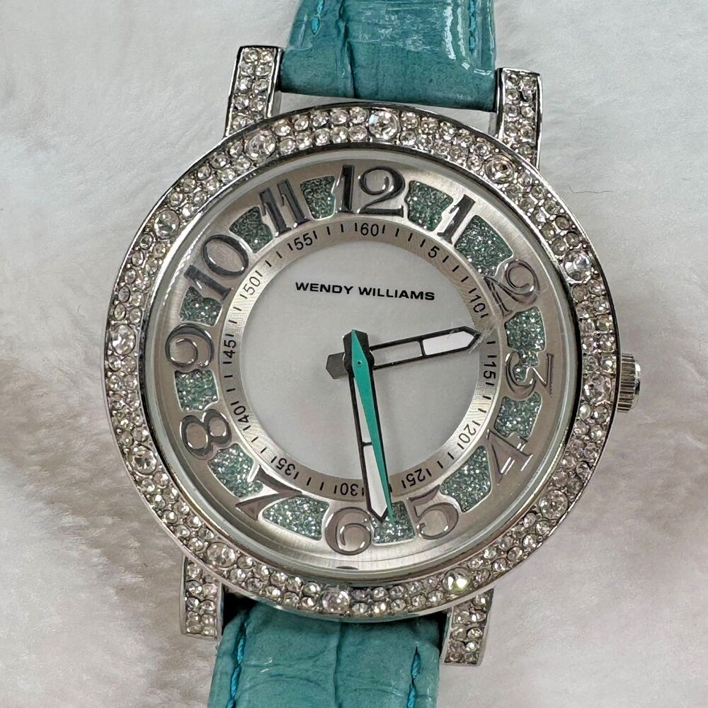 Teal Blue Rhinestone Watch Aqua Faux Croc Strap Wendy Williams Y2K McBling Glam
